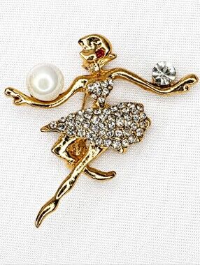 Vintage Style Rhinestone Ballerina Brooch Pin Faux Pearl Gold Tone EUC